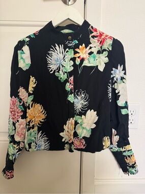 Zara Black Floral Zip-Front Blouse with Green and Orange Accents